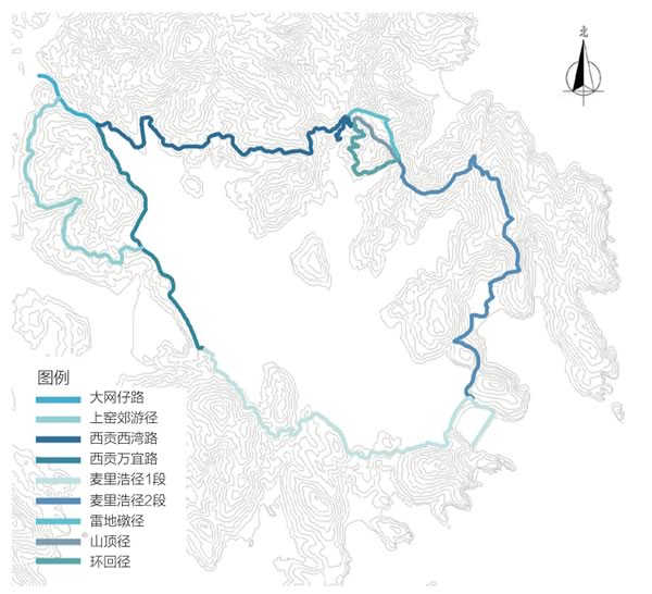 图1 研究案例——香港地质公园万宜水库地区9条重要游览径位置