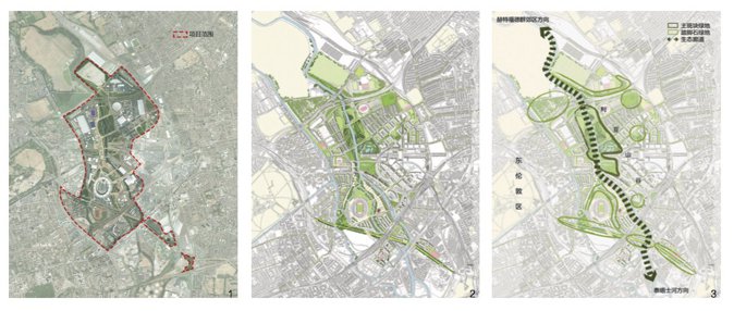 图1 AECOM伦敦奥林匹克公园规划设计项目范围(作者绘) 图2 AECOM伦敦奥林匹克公园规划设计总平面图[1] 图3 伦敦奥林匹克公园生态廊道示意图(作者绘)