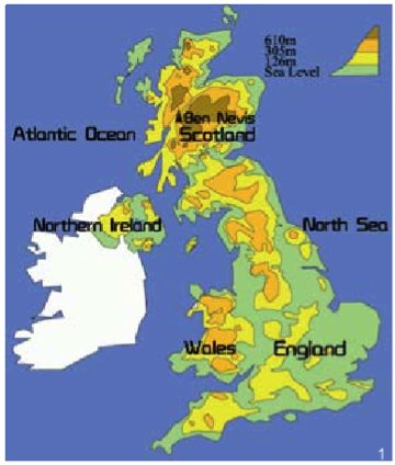 图1 英国陆地部分地形变化略图