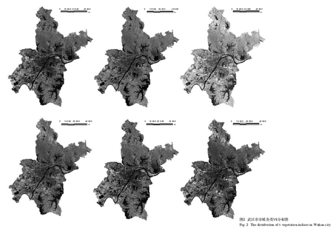 图2 武汉市市域各类VI分布图 Fig. 2 The distribution of 6 vegetation indices in Wuhan city 