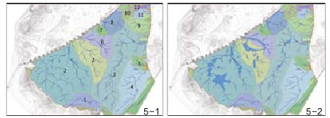 图5-1 盆域划分　图5-2 盆域与现状水系
