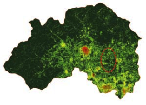 图4 2013年昌平区新浪微博签到POI数据核密度分析与植被度盖度图叠加(作者绘)