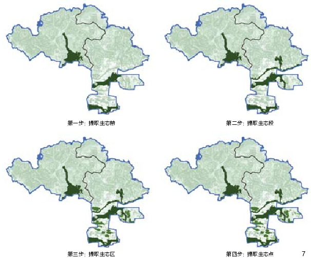 图7 从生态敏感度高地区中提取北郊森林公园选址用地流程(引自《北郊森林公园地区规划前期研究》)