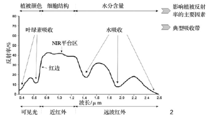 图2 健康植物的反射光谱特征(引自http://kc.njnu.edu.cn/ygdxfx/page/jiaoan/ch7.htm)